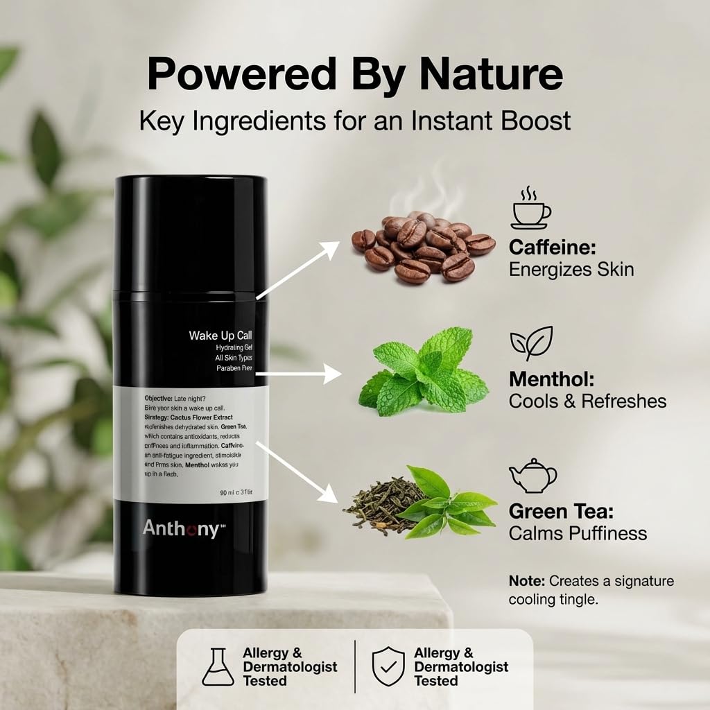 Anthony Wake Up Call with green tea visual emphasizing antioxidant and de-puff benefit