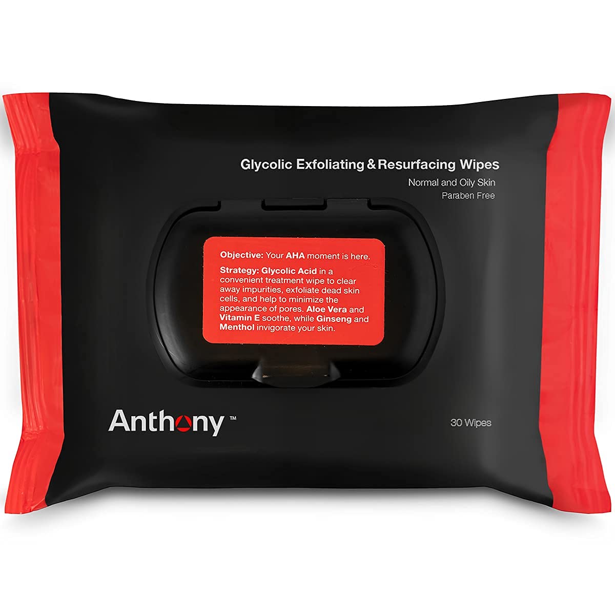 Anthony wipe label close-up listing glycolic, aloe, and vitamin E benefits