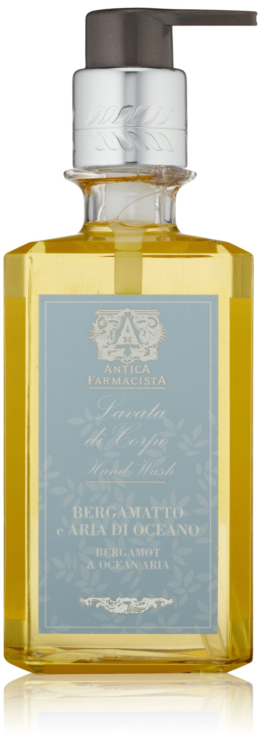 Antica Farmacista front bottle showing bergamot and ocean aria scent, elegant display and gifting benefit