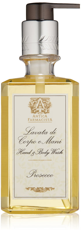 Antica Farmacista front bottle shot showing Prosecco scent and elegant packaging benefit: upscale presentation