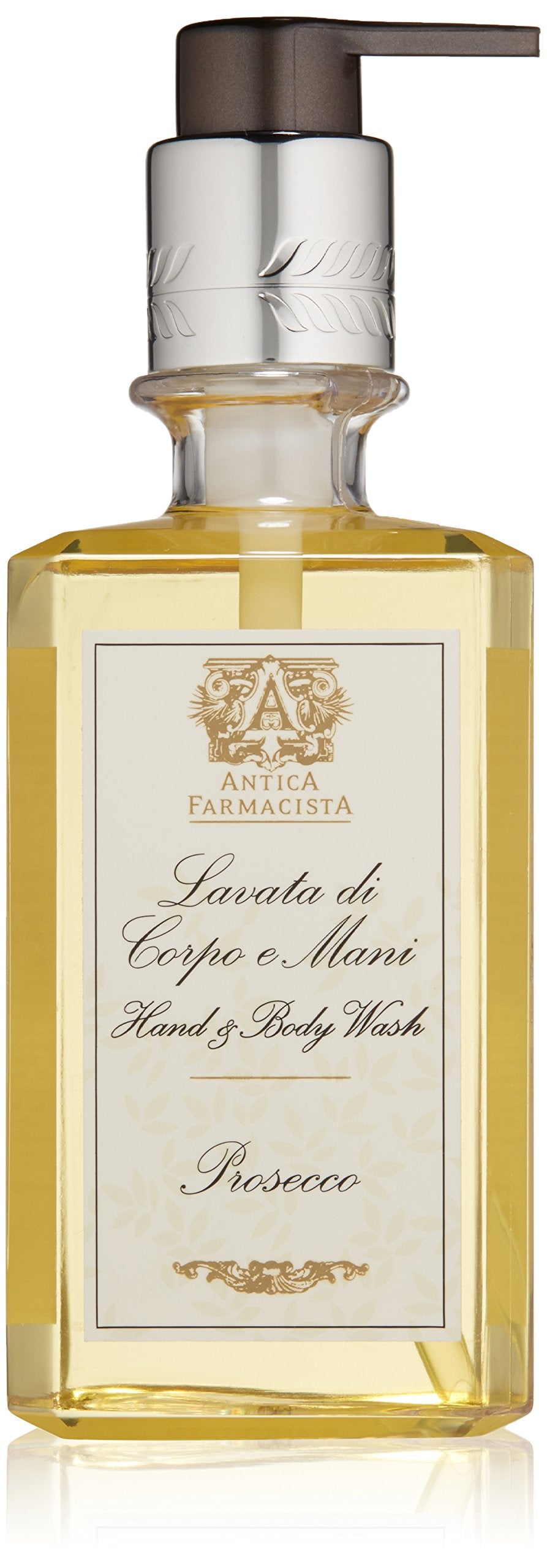 Antica Farmacista front bottle shot showing Prosecco scent and elegant packaging benefit: upscale presentation