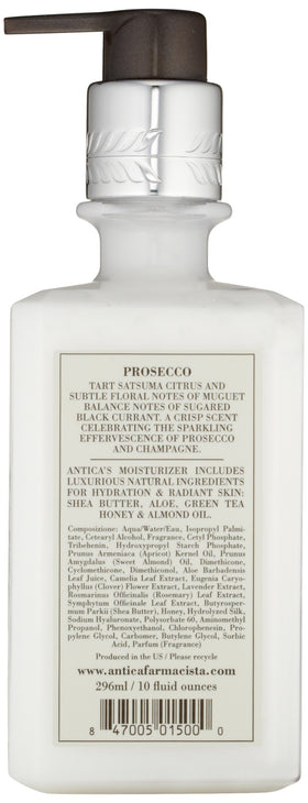 Antica Farmacista Prosecco lotion texture close-up spread on hand, lightweight hydration benefit