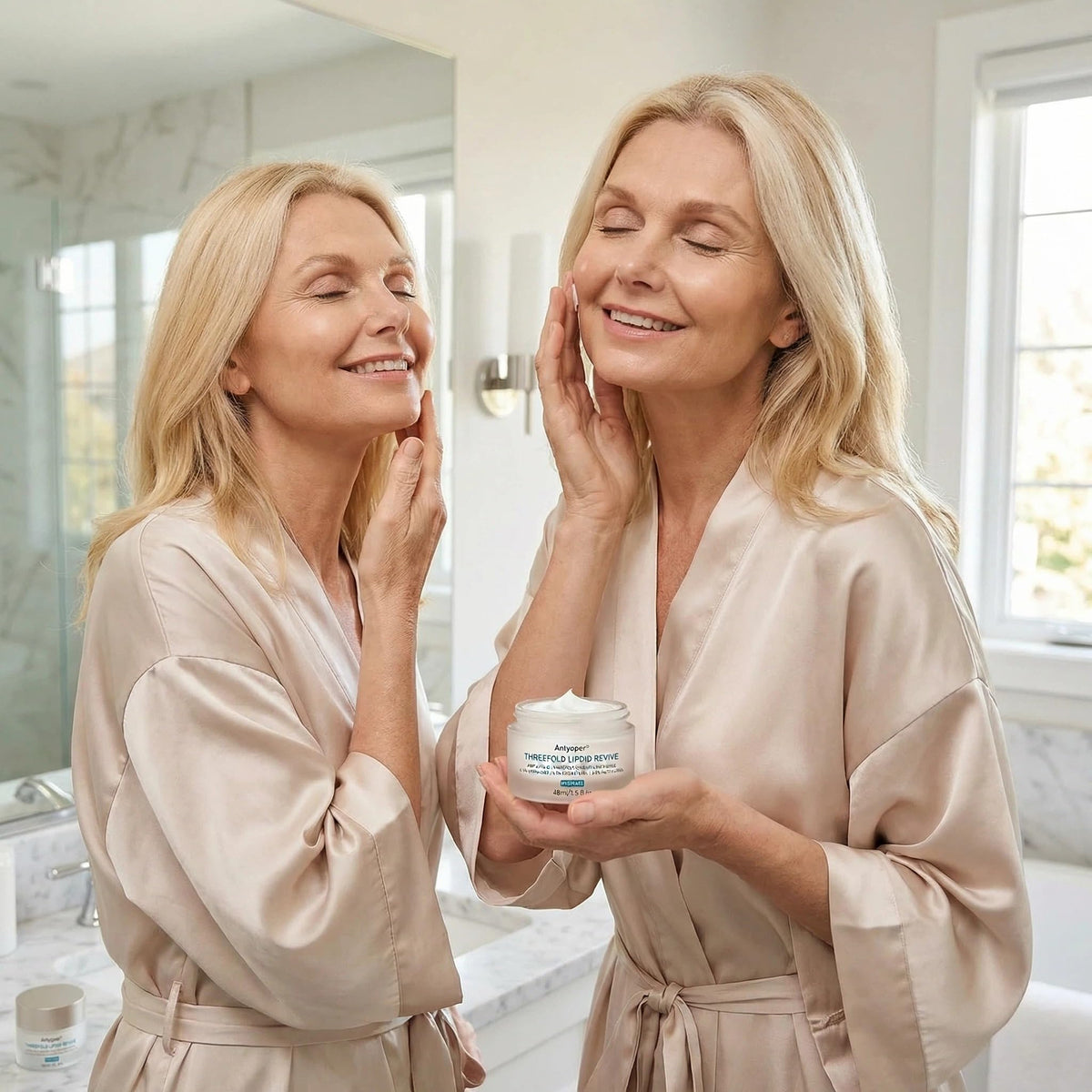 Antyoper jar on bathroom shelf in lifestyle scene promoting daily routine use