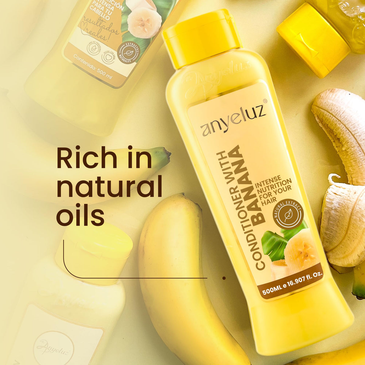 ANYELUZ label close-up highlighting banana extract and olive oil ingredients