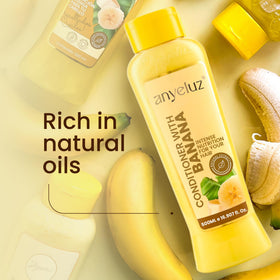 ANYELUZ label close-up highlighting banana extract and olive oil ingredients