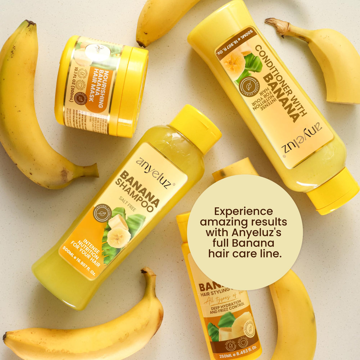 ANYELUZ bottle beside banana for scale to show product size