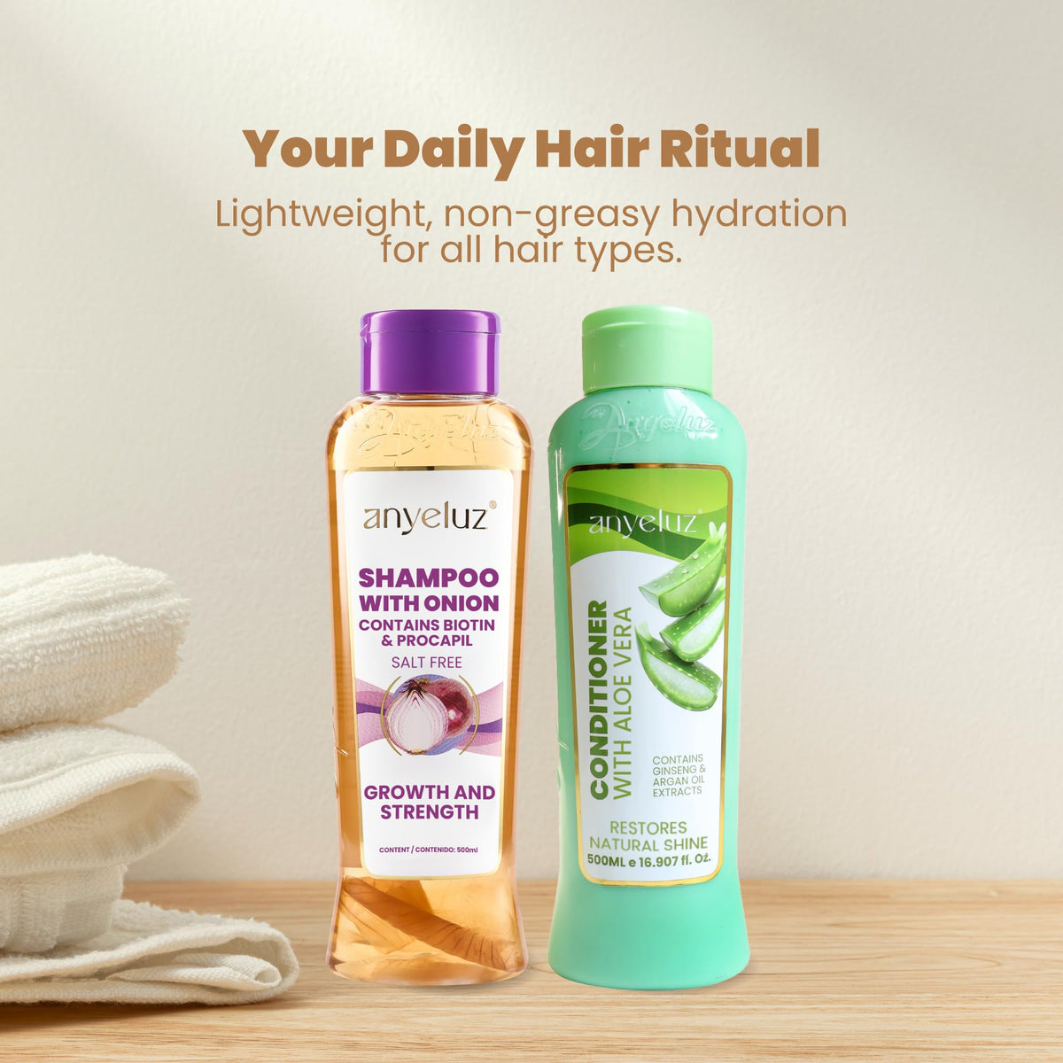 ANYELUZ conditioner bottle label detail showing aloe and ginseng benefits