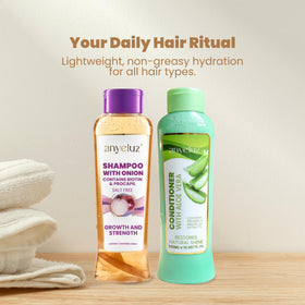 ANYELUZ conditioner bottle label detail showing aloe and ginseng benefits
