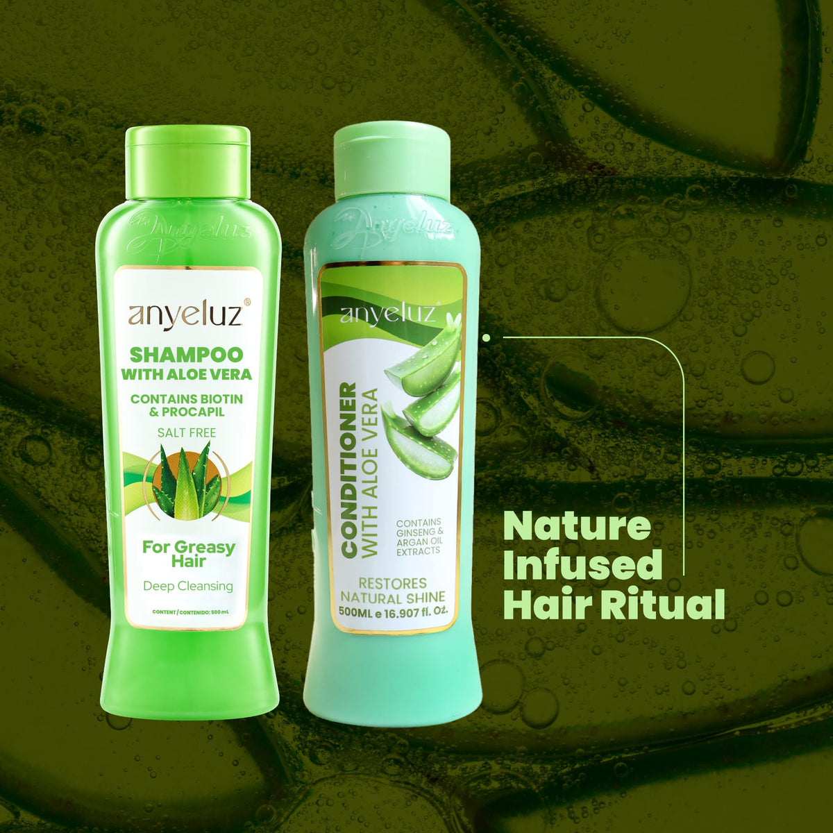 ANYELUZ shampoo and conditioner set staged in a bathroom, everyday use and fresh hair benefit