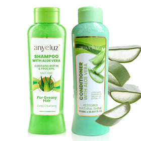 ANYELUZ front packaging of aloe vera biotin shampoo and conditioner, professional appearance and benefit