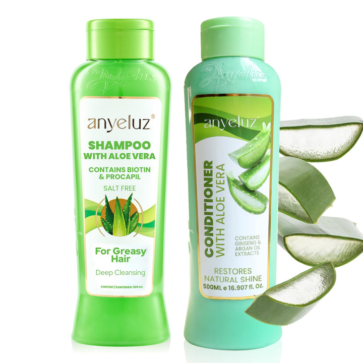 ANYELUZ front packaging of aloe vera biotin shampoo and conditioner, professional appearance and benefit
