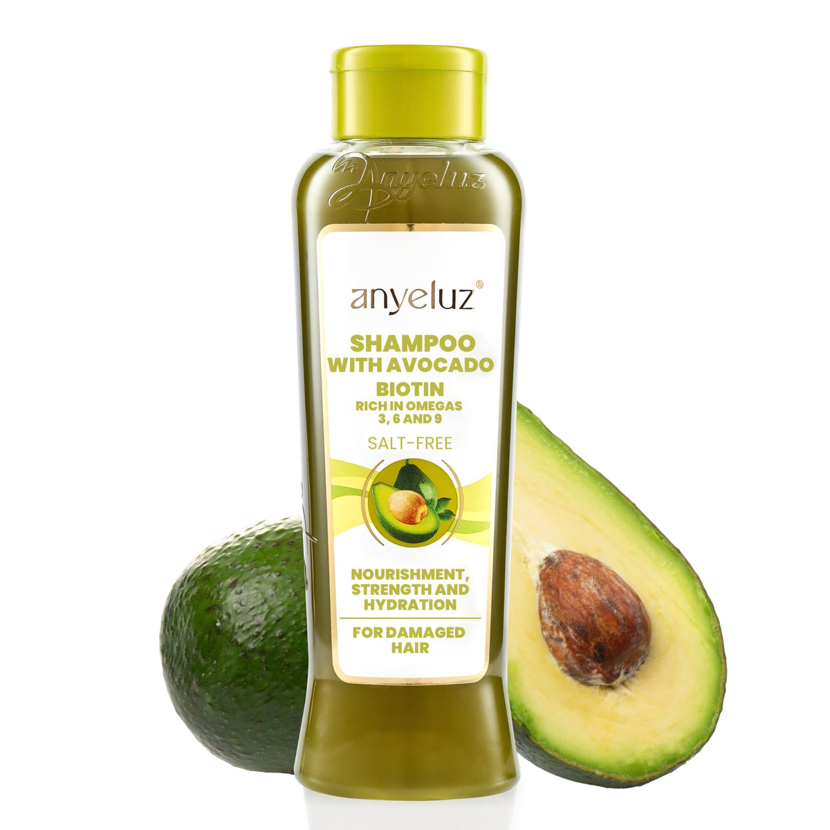 ANYELUZ bottle front packaging showing avocado-based formula and benefits