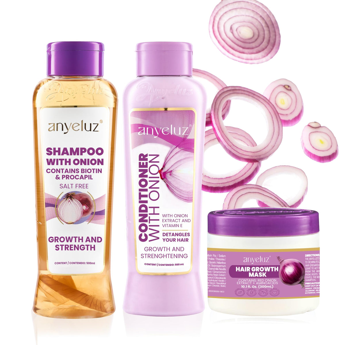 ANYELUZ front packaging showing full onion hair care kit and benefits