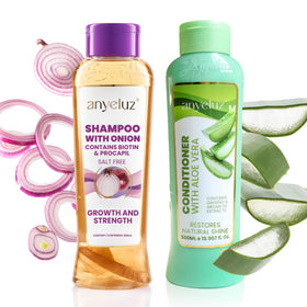 ANYELUZ front packaging showing the shampoo and conditioner set and benefits