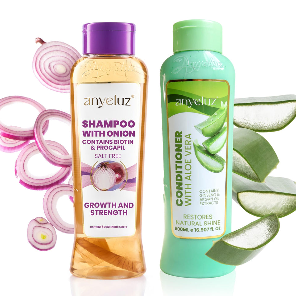 ANYELUZ front packaging showing the shampoo and conditioner set and benefits