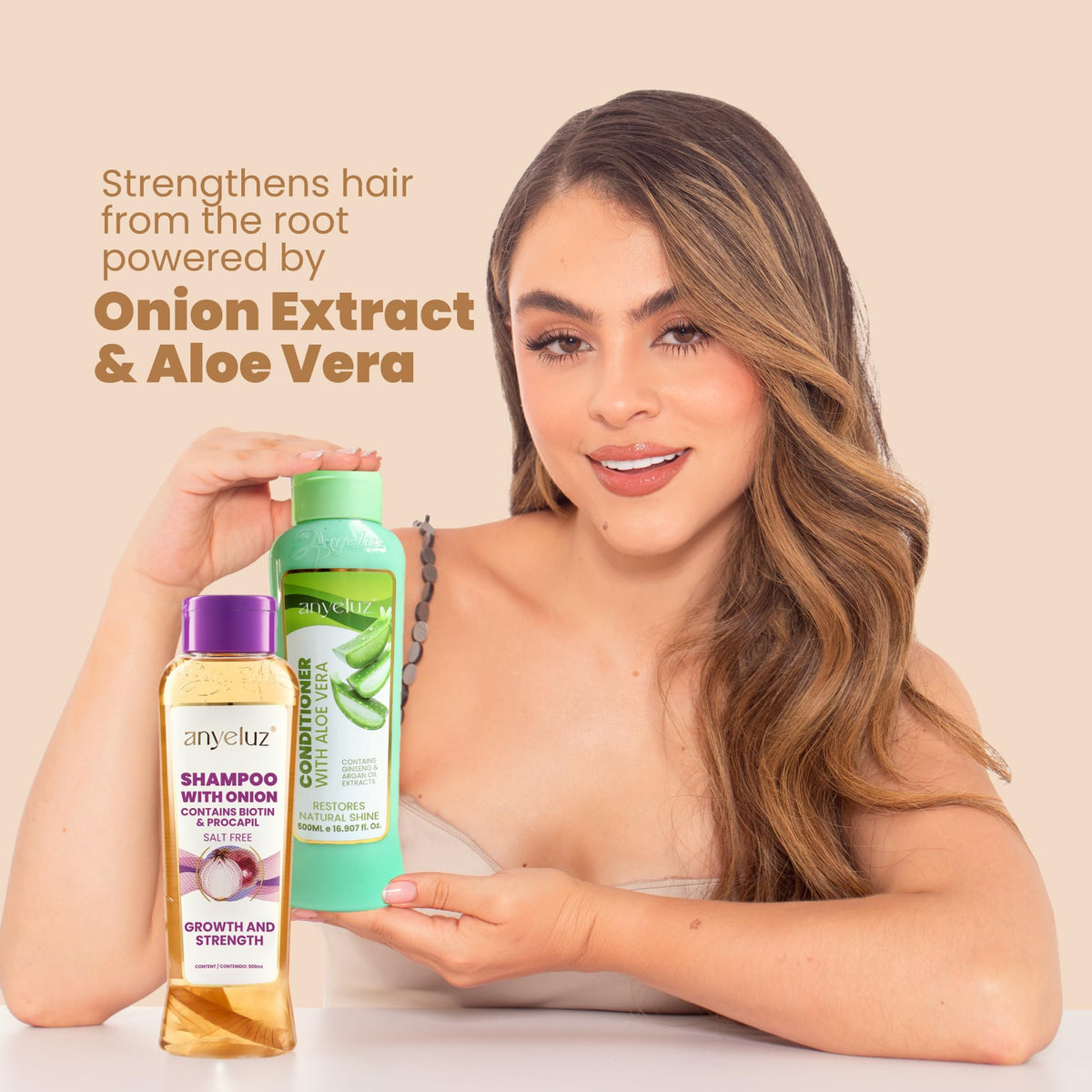ANYELUZ shampoo bottle close-up highlighting label and easy-pour cap benefit