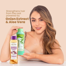 ANYELUZ shampoo bottle close-up highlighting label and easy-pour cap benefit