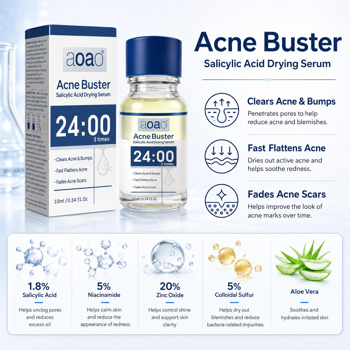 AOAO powder layer close‑up on swab, concentrated drying effect for rapid pimple flattening