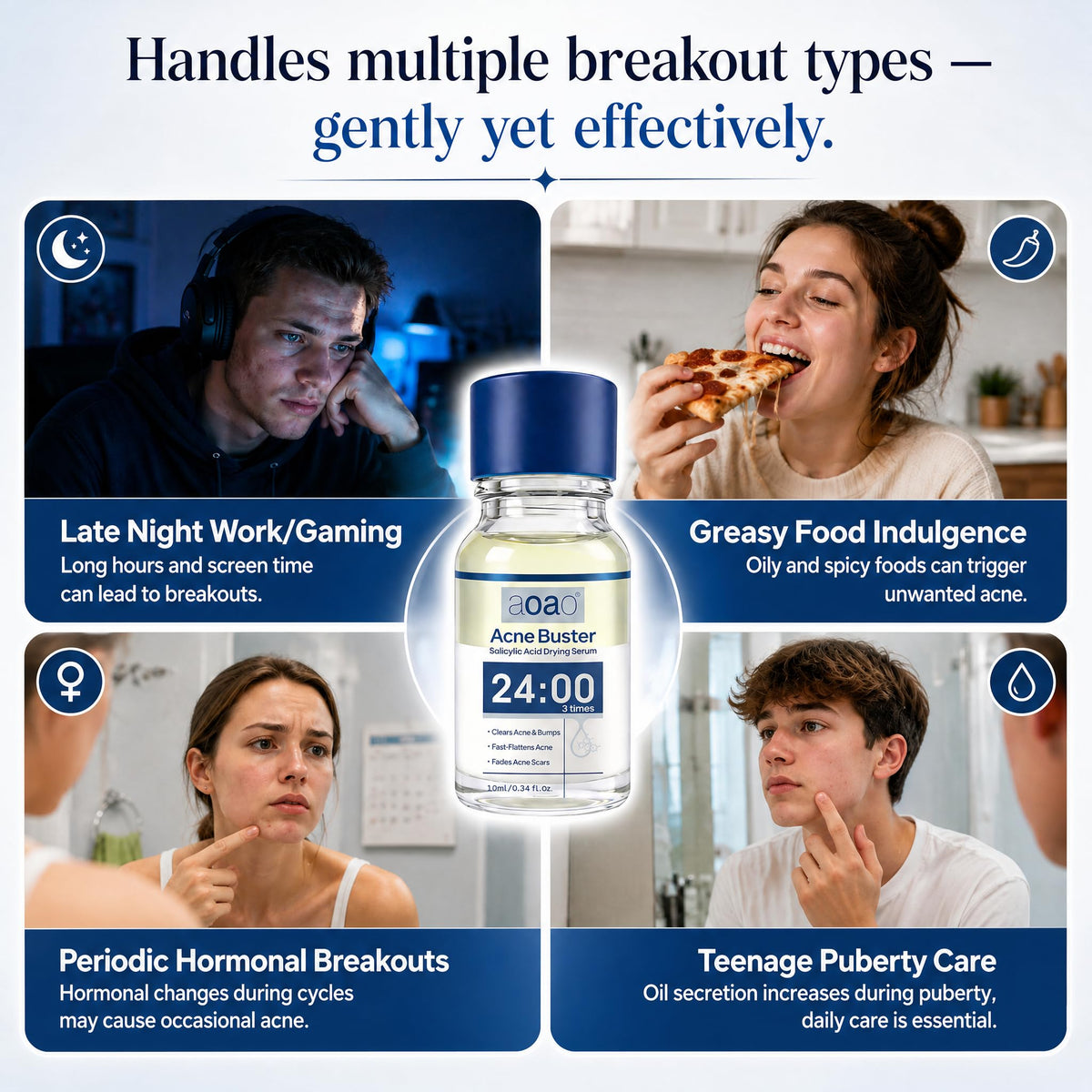 AOAO bottle in hand for scale, compact travel size offers on‑the‑go acne rescue
