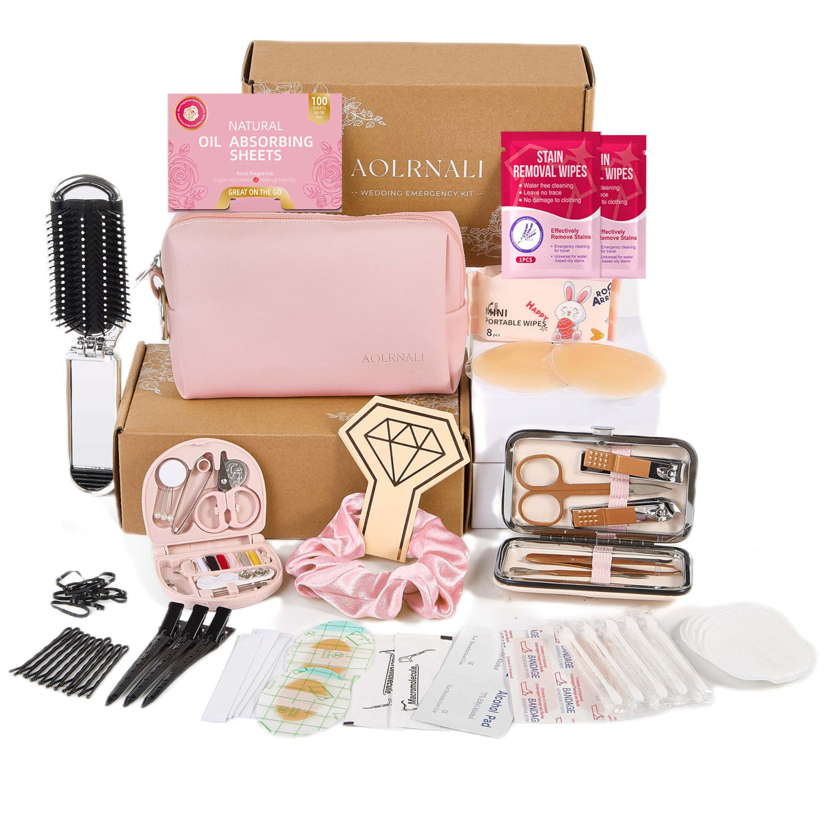 AOLRNALI front view of bridal emergency kit packaging showing compact design and elegance