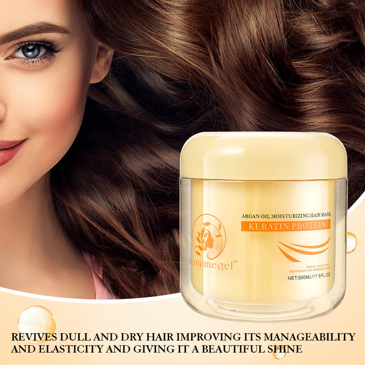 Aomimegel with argan oil droplet highlighting natural nourishment and shine restoration