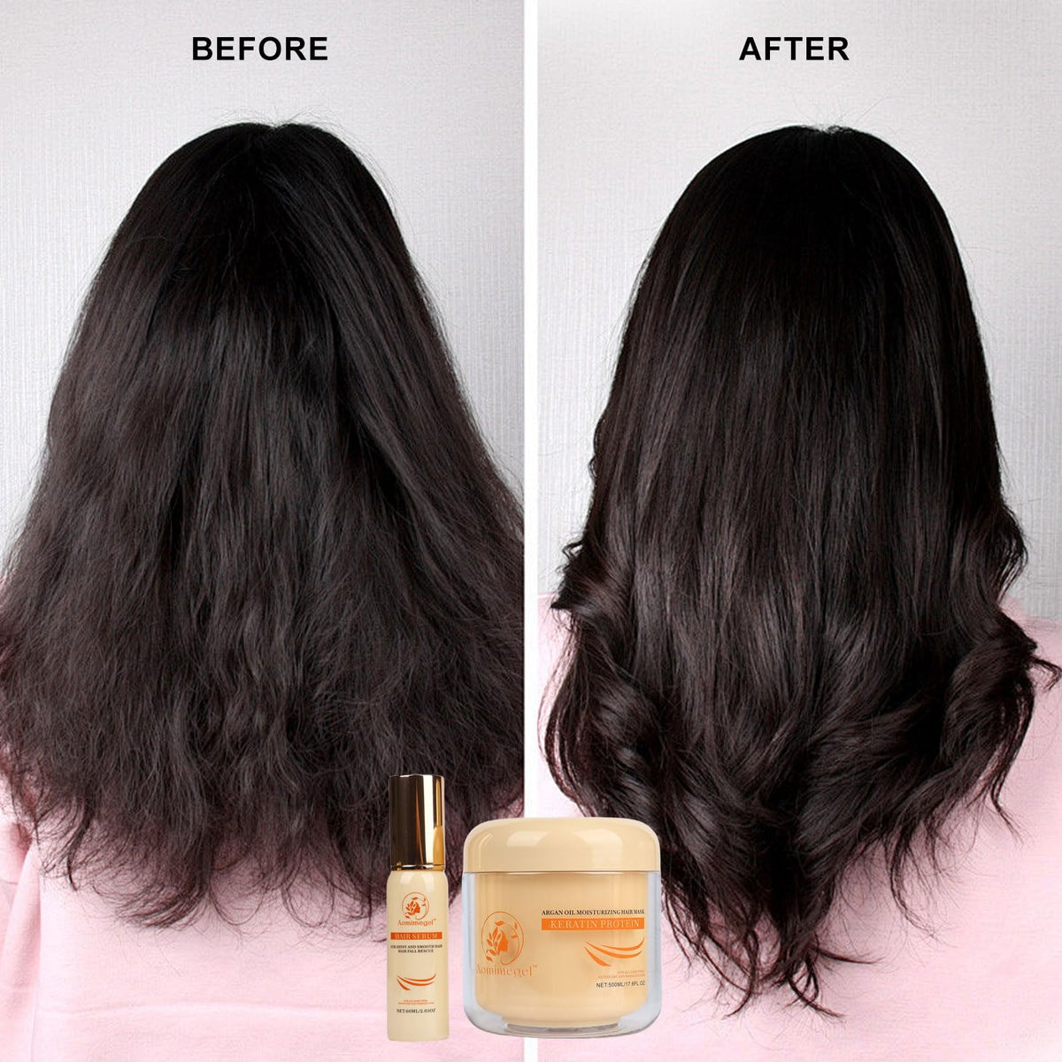 Aomimegel label close-up highlighting collagen, keratin and argan oil