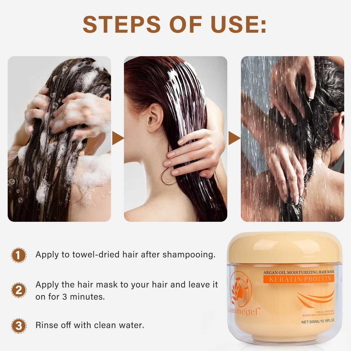 Aomimegel hair mask being applied in shower demonstrating intensive conditioning step