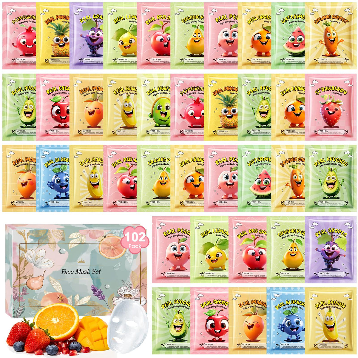 Aottom front packaging showing 102-piece mask set, convenient bulk supply benefit