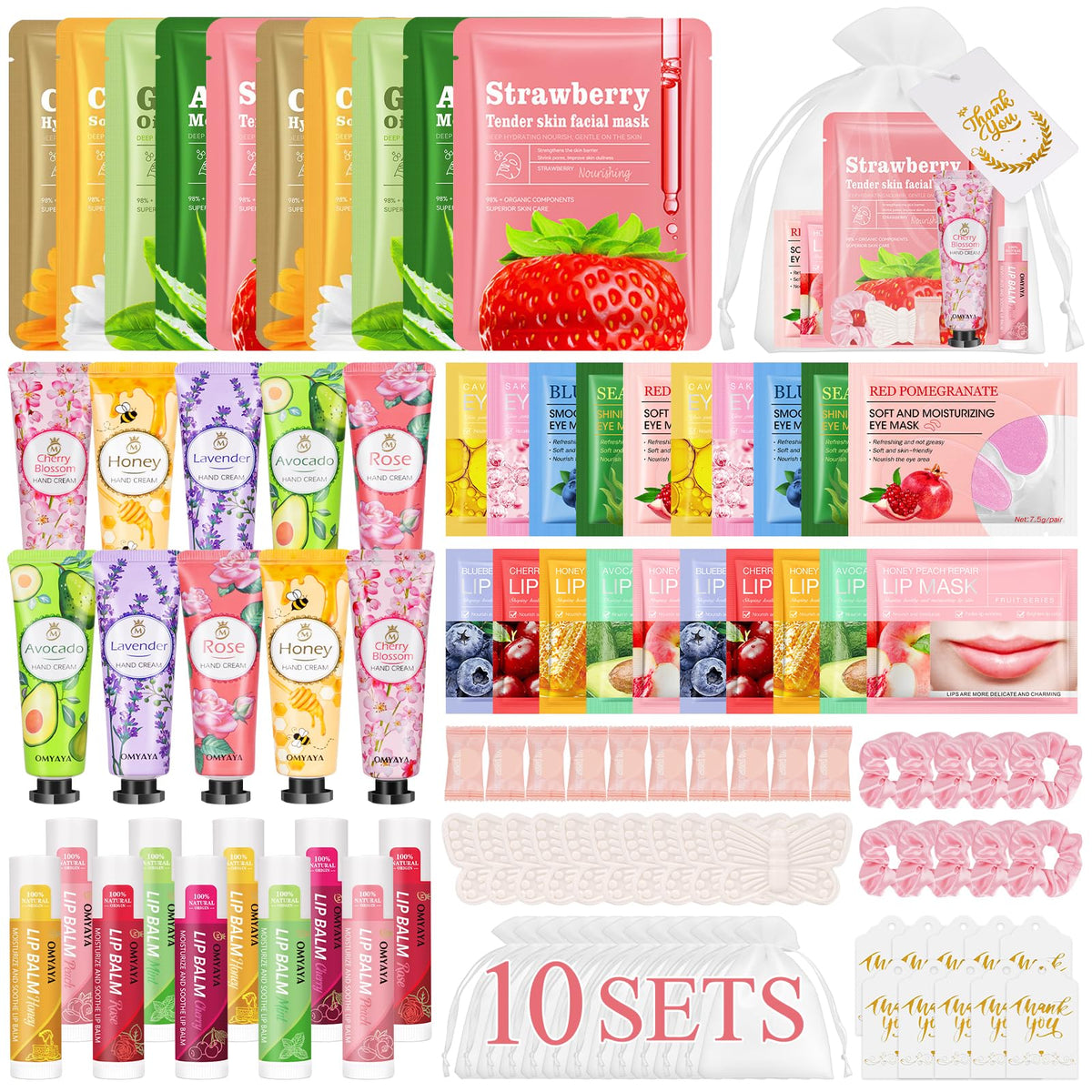 Aottom front packaging of the 100-piece spa favor set showing contents and branding