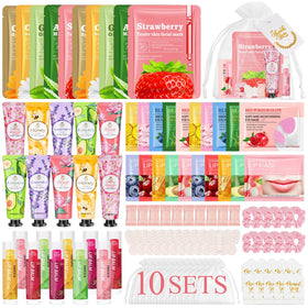Aottom front packaging of the 100-piece spa favor set showing contents and branding