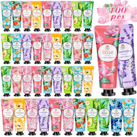 Aottom front packaging showing 100 mini lotion tubes and variety benefit