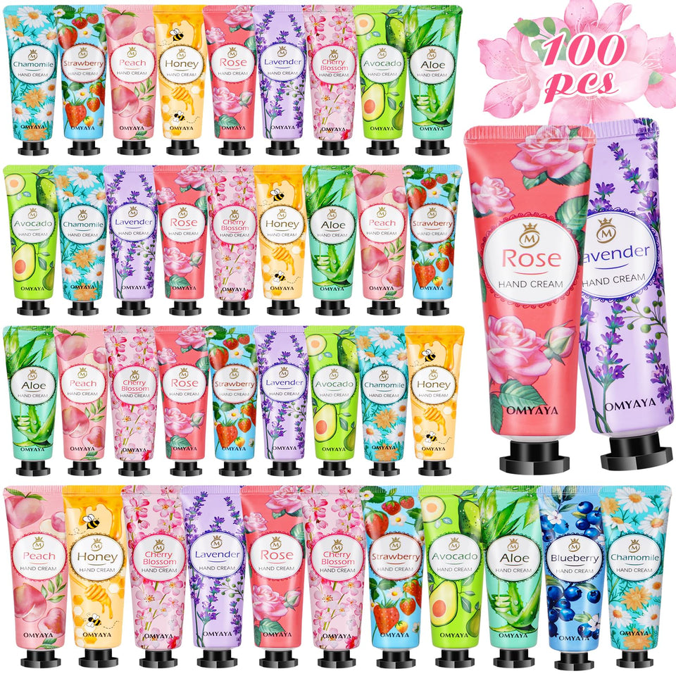 Aottom front packaging showing 100 mini lotion tubes and variety benefit