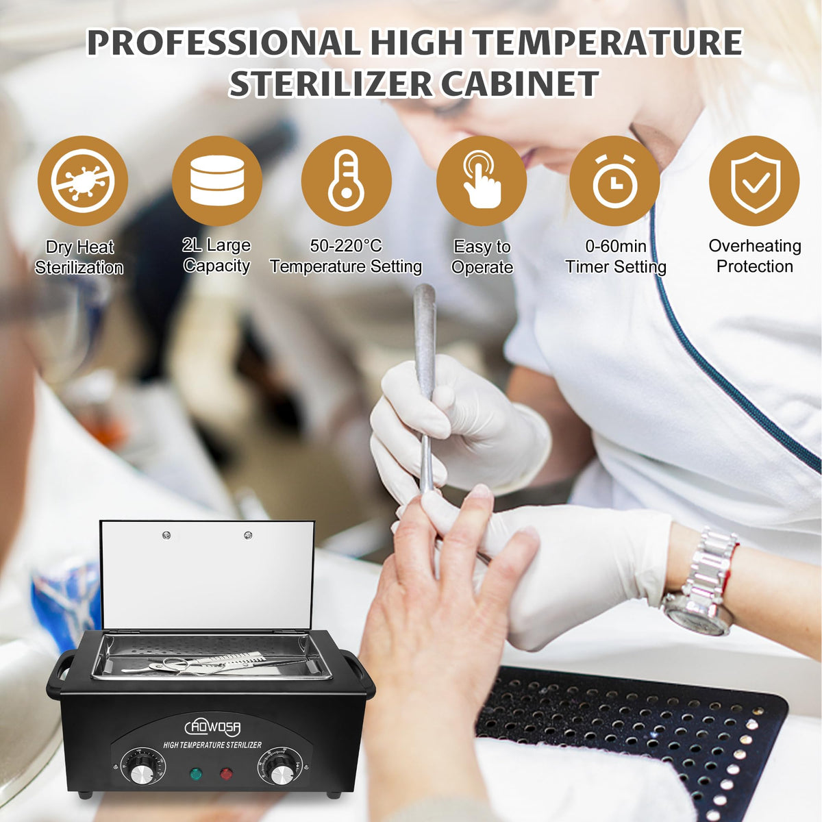 AOWOSA with metal manicure tools inside showing efficient in-cabinet cleaning workflow