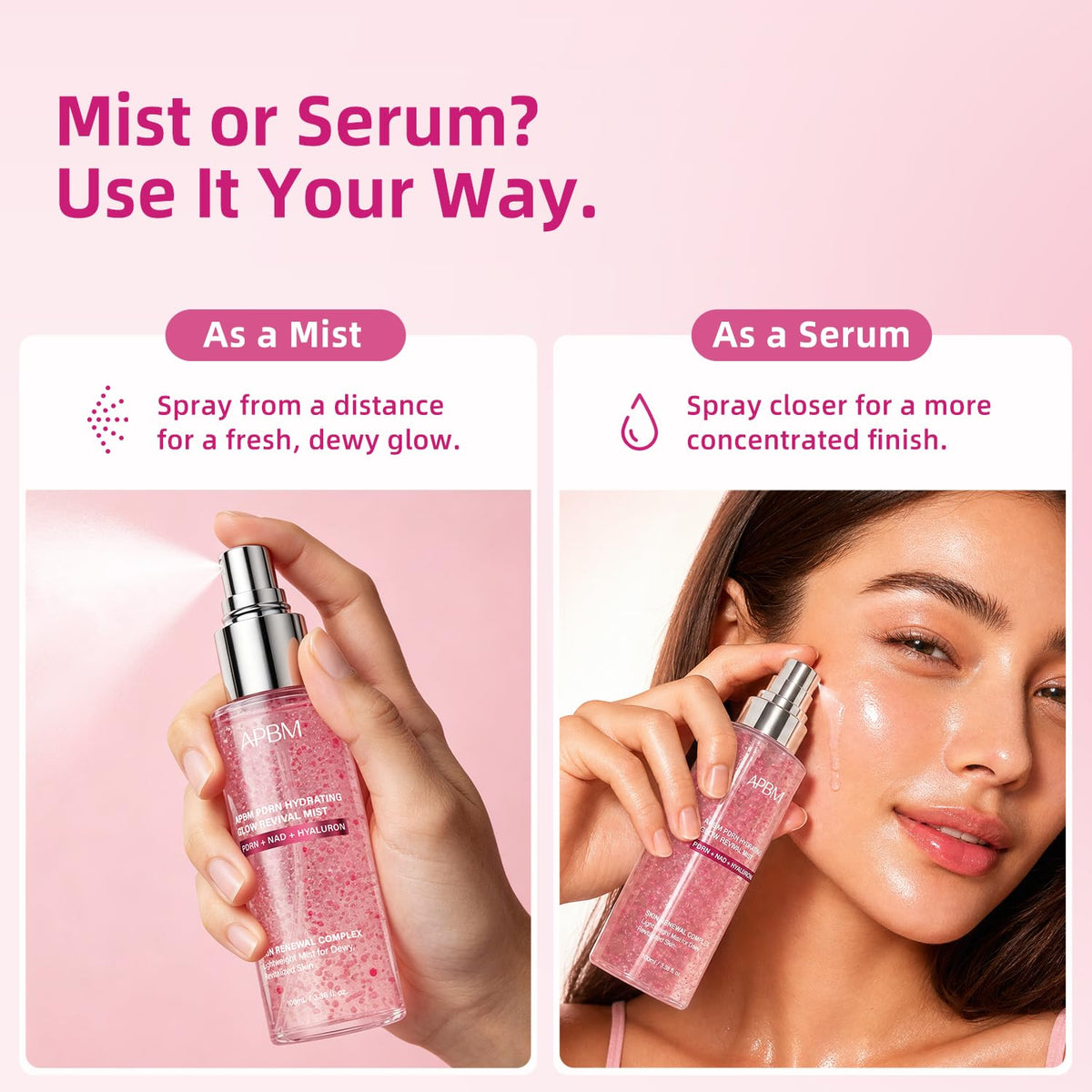 APBM user spraying mist outdoors for instant hydration and glow