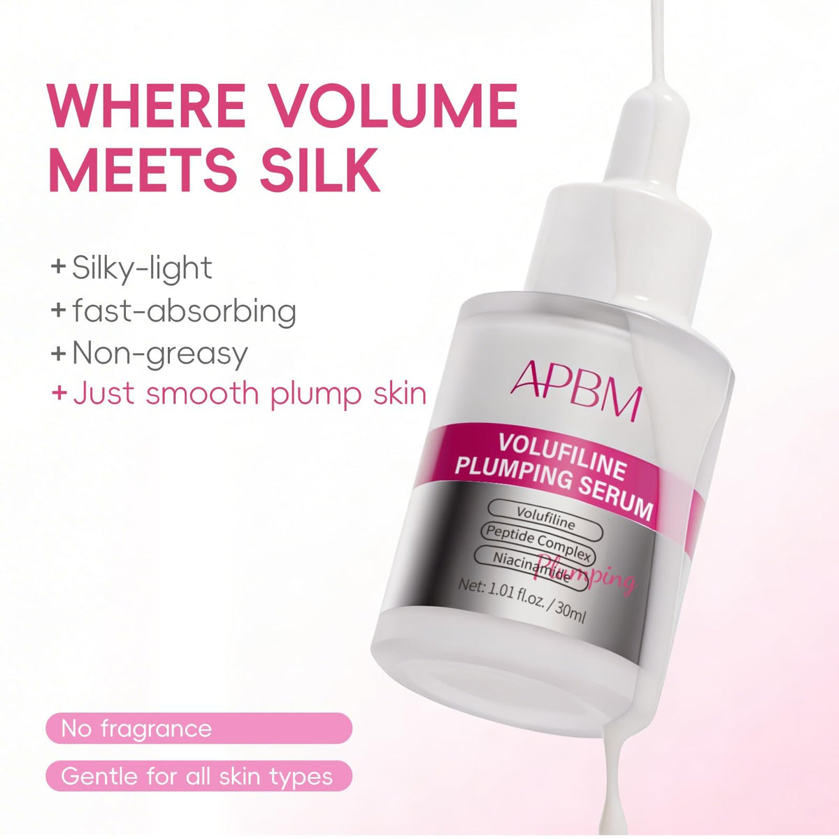 APBM label close-up listing Volufiline, niacinamide, peptides for ingredient clarity