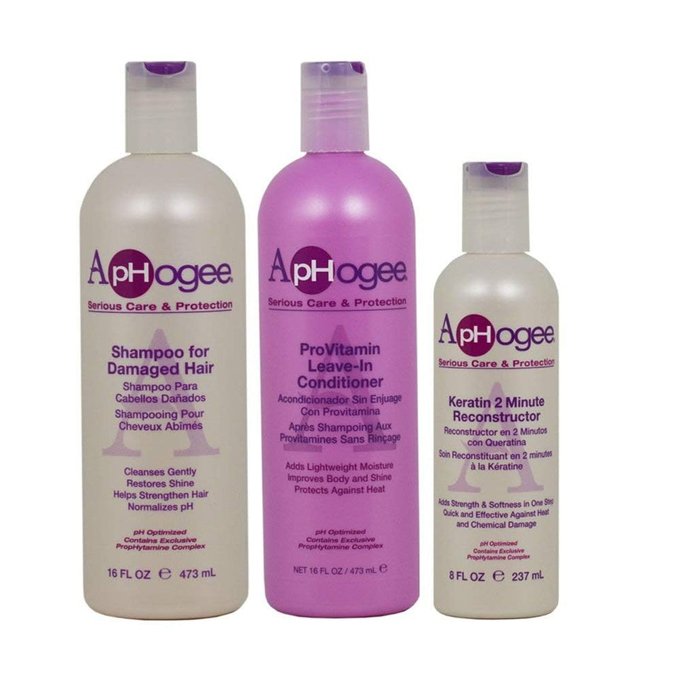 Aphogee three-piece repair set front view showing bottles and labels, promotes complete repair