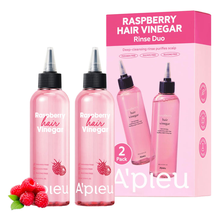 A'PIEU front packaging of Raspberry Hair Vinegar set shows calming design and size benefits