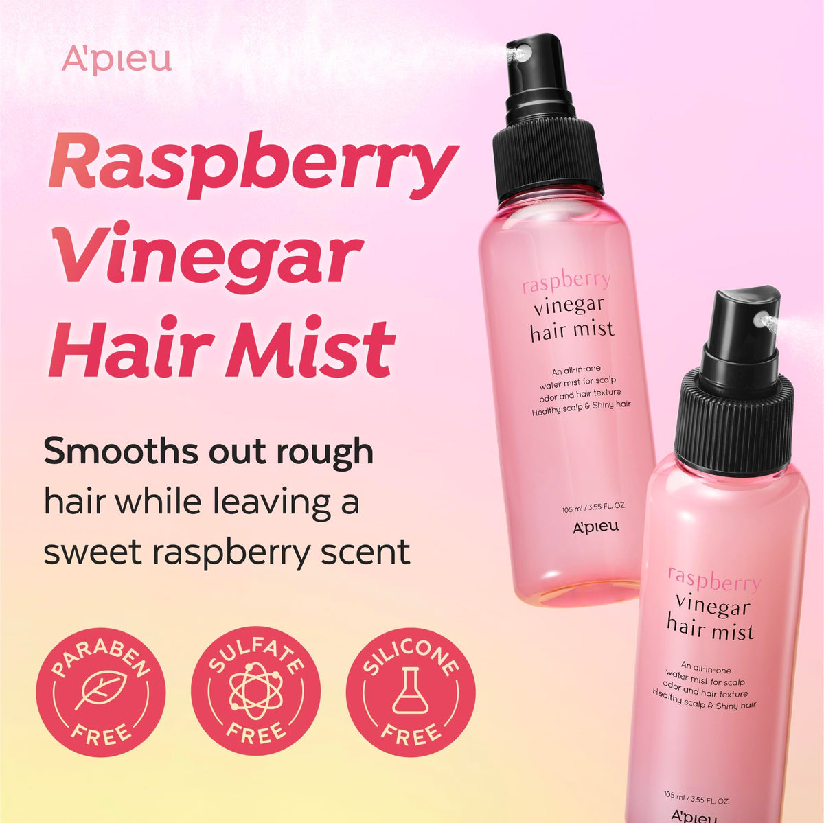 A'PIEU spray mist close-up illustrating fine atomization for even non-sticky application