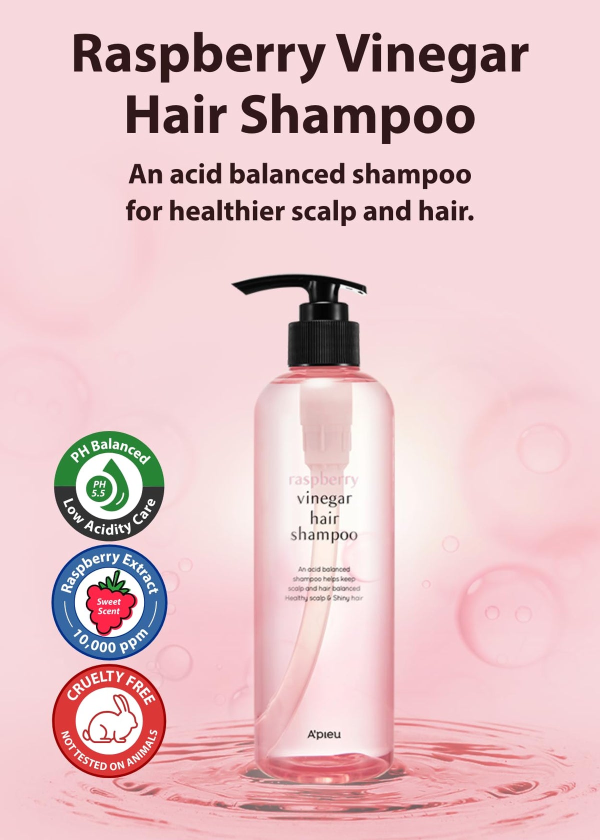 A'PIEU pump close-up highlighting easy dispensing and controlled shampoo use benefit