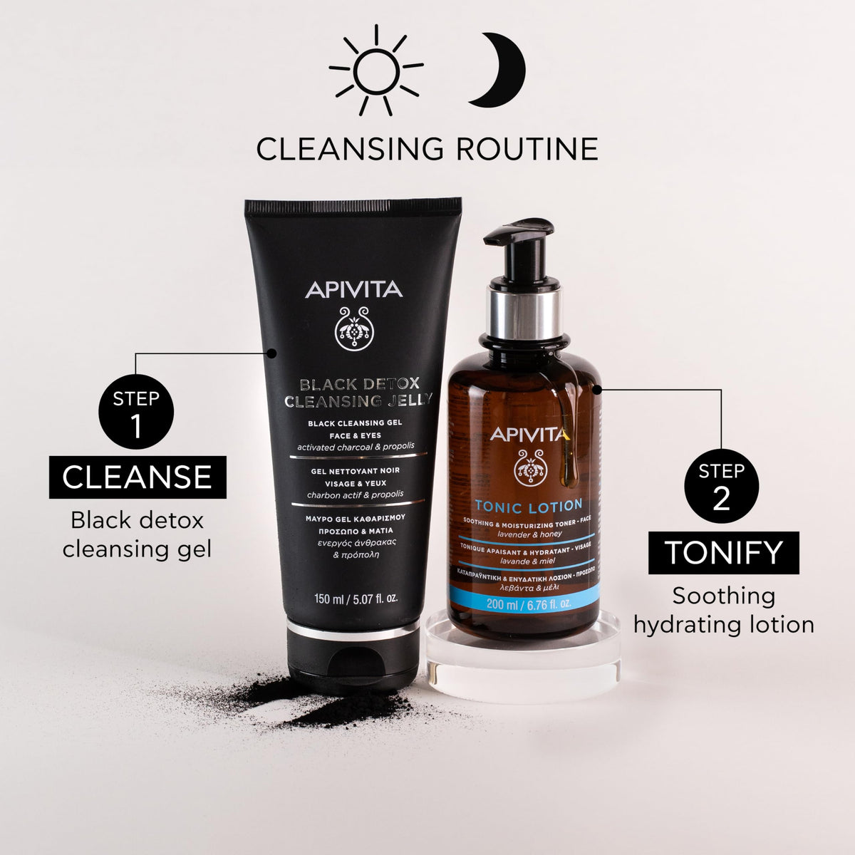 Apivita ingredients label detail, showing activated charcoal and propolis information