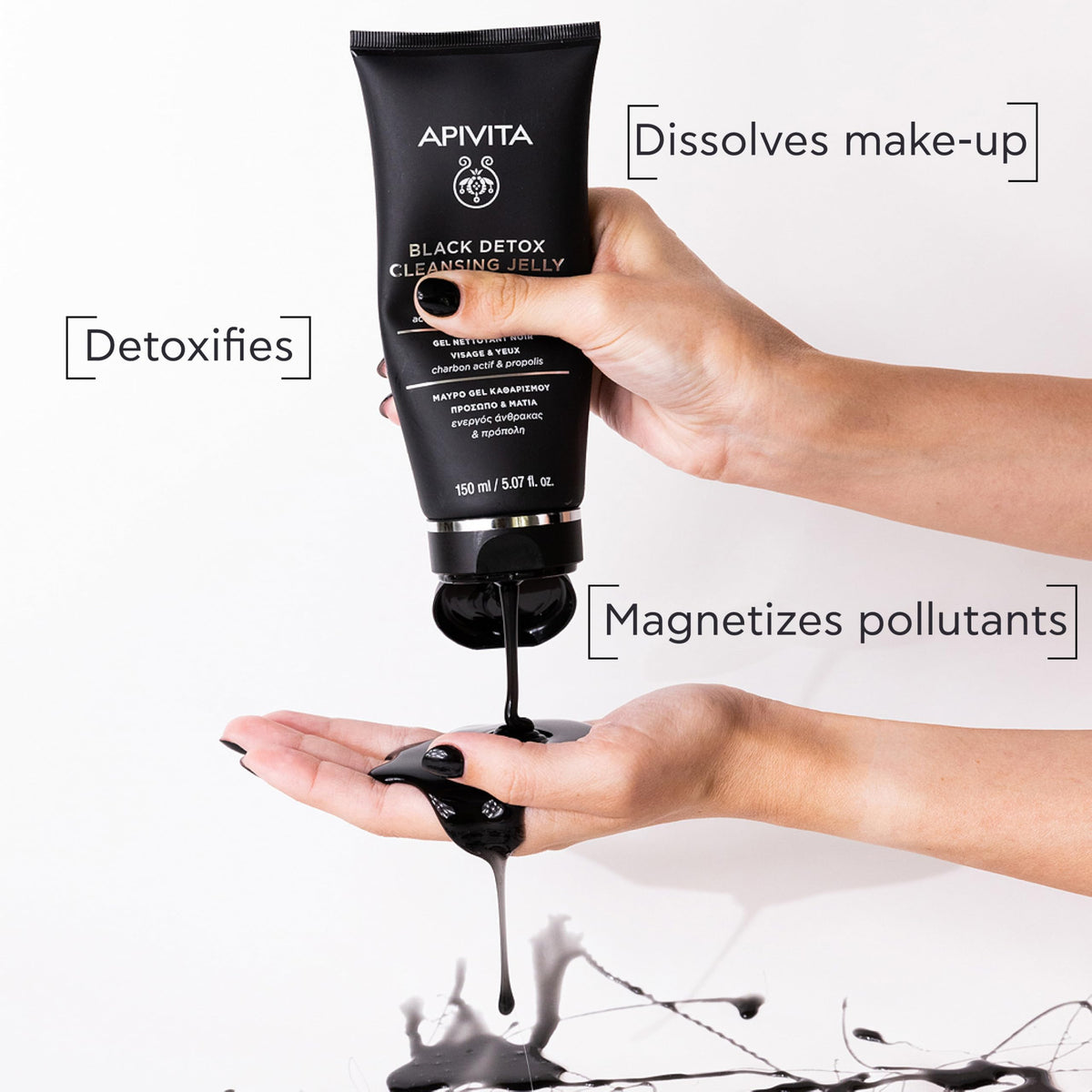 Apivita texture close-up of black jelly, showing smooth gel and cleansing action