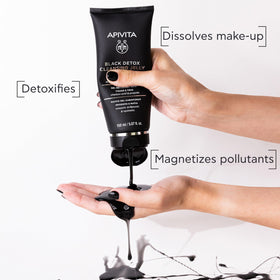 Apivita texture close-up of black jelly, showing smooth gel and cleansing action