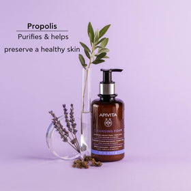 Apivita cleansing foam texture close-up highlighting creamy lather and hydration