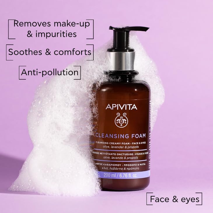 Apivita cleansing foam in hand demonstrating gentle application and easy rinse