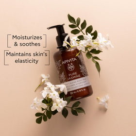 Apivita creamy body milk texture poured to show fast-absorbing hydration