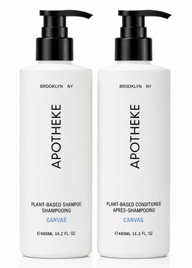 APOTHEKE front packaging showcasing Canvas shampoo and conditioner, elegant and recyclable