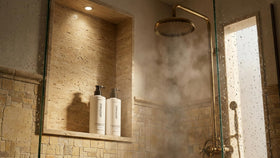 APOTHEKE set placed in hotel bathroom, conveys luxury, travel-friendly care