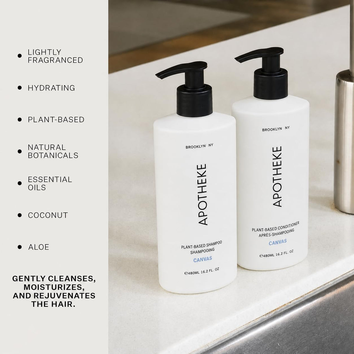 APOTHEKE ingredient display with aloe and botanicals, highlights natural nourishing benefits
