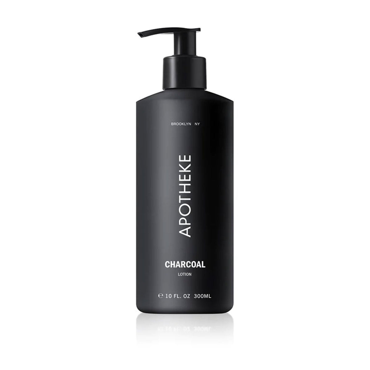 APOTHEKE front packaging of Charcoal lotion showing bottle and label, evokes luxury