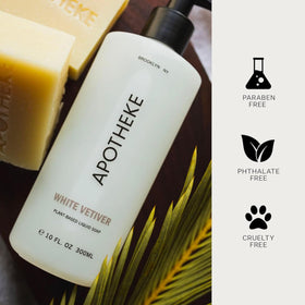 APOTHEKE bottle beside bathroom sink showing lifestyle placement and guest-ready benefit